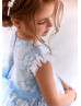 Feifei Sleeves Ivory Lace Sky Blue Tulle Flower Girl Dress